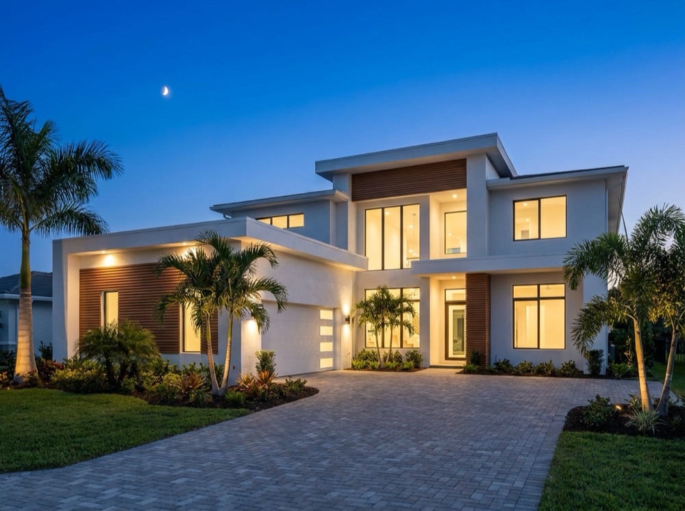 New-construction luxury home in Southwest Florida at dusk